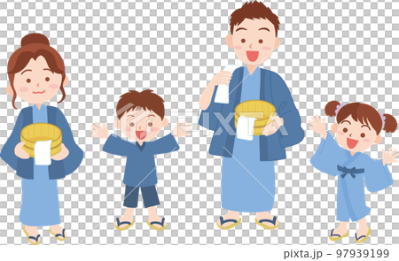 温泉旅館に来た家族_浴衣姿_4人セット_全身 97939199