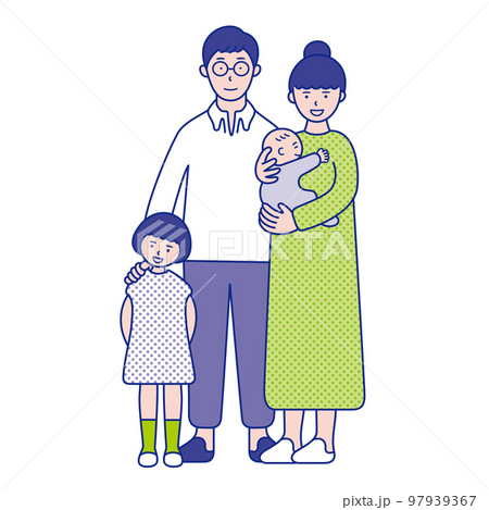 赤ちゃんを抱いたお母さんとお父さん、子どもの4人家族のイラスト素材