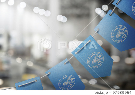 A garland of Food and agriculture organization national flags on an abstract blurred background 97939964