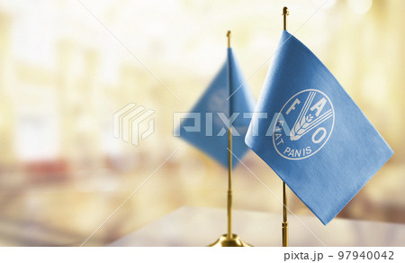 Small flags of the Food and agriculture organization on an abstract blurry background 97940042