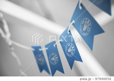 A garland of Food and agriculture organization national flags on an abstract blurred background 97940058
