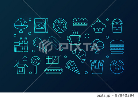 Fast food blue horizontal illustration. Vector linear banner 97940294