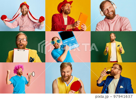 Collage. Portraits of bearded emotional man in different style clothes over multicolored background. Happiness, emotions, fashion concept 97941637