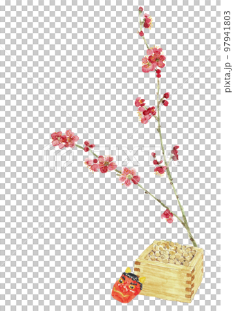 節分のイメージイラスト 【手描き水彩画】紅梅 節分豆 赤鬼 白バック 透過背景 コピースペース 97941803