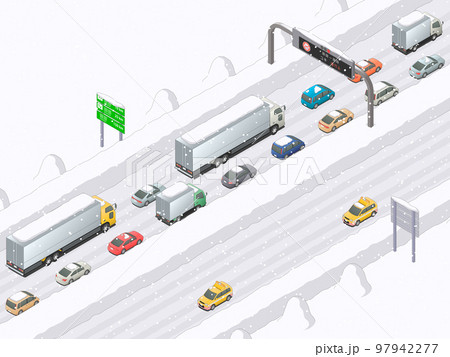 アイソメトリック図法で描いた渋滞中の高速道路のイメージ(降雪) アイソメトリック図法で描いた渋滞中の高速道路のイメージ(降雪) 97942277