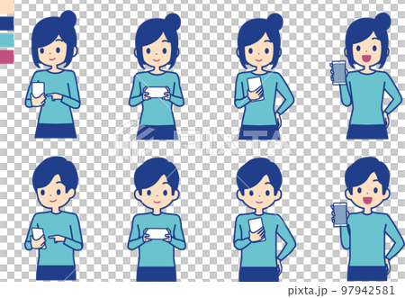 Illustration set of men and women with smartphones Illustration set of men and women with smartphones 97942581