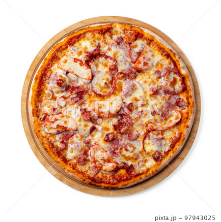 Fresh pizza on wooden board isolated on white Fresh pizza on wooden board isolated on white 97943025