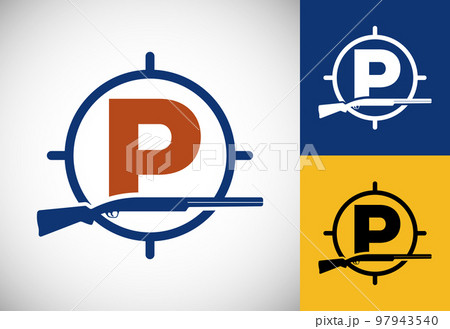Initial alphabet P with gun and target sign. Inspiration hunting club logo vector. Hunting logo 97943540