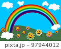 Illustration of a very colorful rainbow in a meadow with flowers drawn. 97944012