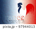 A poster with the rooster in the colors of the French flag, the word France and ample space for text. 97944013