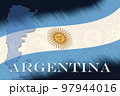 Drawing of the Argentina flag, space for text or images. Official colors. Schematic map of Argentina. 97944016