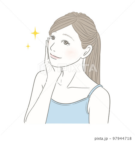 女性イメージイラスト 頬に手を当て微笑む女性 美容 健康 メンタルヘルス 97944718