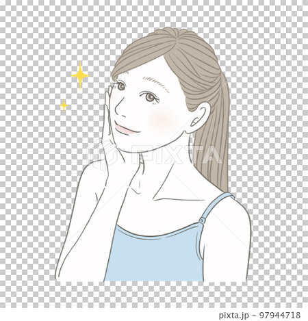 女性イメージイラスト 頬に手を当て微笑む女性 美容 健康 メンタルヘルス 97944718