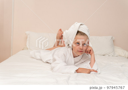 Smiling smile Creek thinks coffee elbows copyspace bathrobe white hygiene, from morning woman in young from happy caucasian, little child. Care health female, Smiling smile Creek thinks coffee elbows copyspace bathrobe white hygiene, from morning woman in young from happy caucasian, little child. Care health female, 97945767