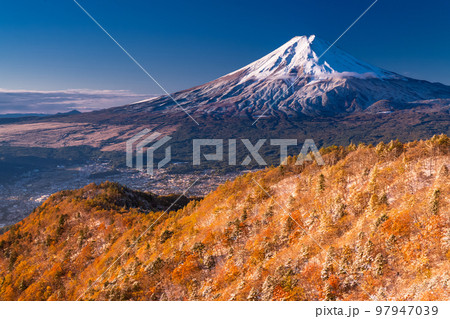 《山梨県》富士山と三段紅葉の三つ峠・紅葉と積雪の共存 97947039