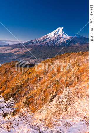《山梨県》富士山と三段紅葉の三つ峠・紅葉と積雪の共存 97947041