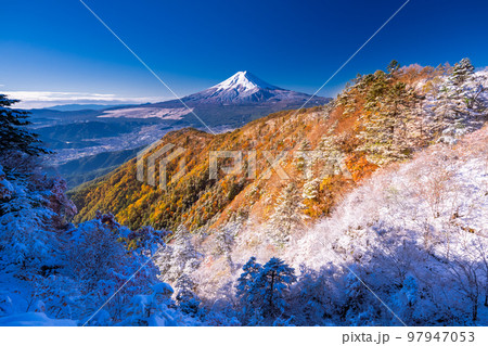 《山梨県》富士山と三段紅葉の三つ峠・紅葉と積雪の共存 97947053