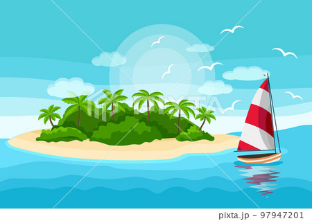 Seascape, paradise island with palm trees and a yacht on the sea. Illustration, background, vector Seascape, paradise island with palm trees and a yacht on the sea. Illustration, background, vector 97947201