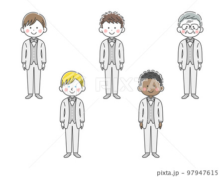 白色のタキシードを着た、男性のイラストセット 白色のタキシードを着た、男性のイラストセット 97947615