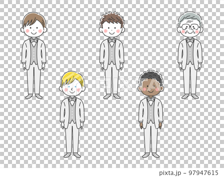 白色のタキシードを着た、男性のイラストセット 白色のタキシードを着た、男性のイラストセット 97947615