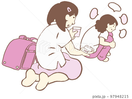 ヤングケアラー　独語する統合失調症の母親に内服をすすめる小学生の女の子のイラスト　シンプル 97948215