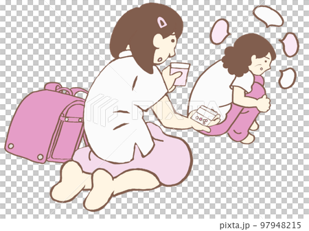 ヤングケアラー　独語する統合失調症の母親に内服をすすめる小学生の女の子のイラスト　シンプル 97948215