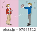 バレンタインとホワイトデーでプレゼントを贈り合うの可愛いカップルのイラスト 97948512