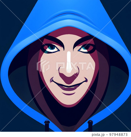 Cyberpunk style illustration of smiling woman face in hood Cyberpunk style illustration of smiling woman face in hood 97948873