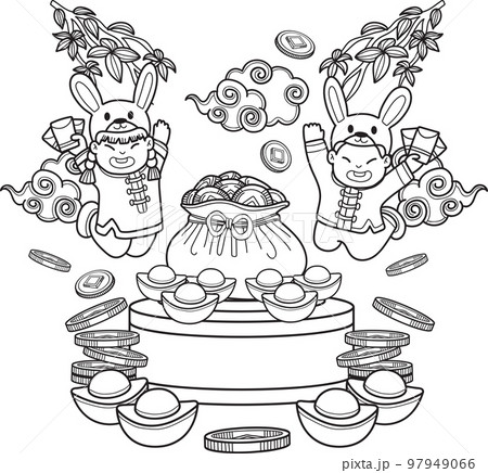 Hand Drawn Chinese child wearing rabbit hat and money bag illustration 97949066