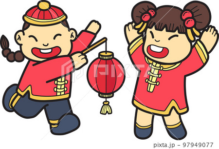 Hand Drawn Chinese boy with lantern and Chinese girl illustration 97949077