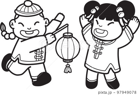 Hand Drawn Chinese boy with lantern and Chinese girl illustration 97949078