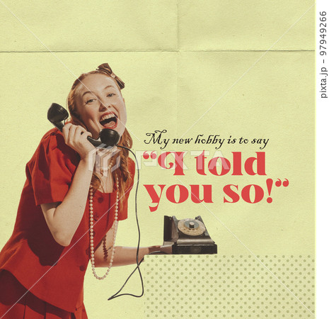 Creative conceptual poster with beautiful stylish young emotional woman in retro style outfit over light background with lettering in magazine style. 97949266