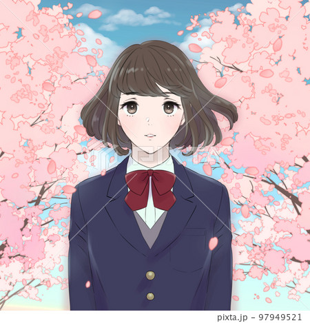 桜並木の前に立つ女子学生のイラスト　ブレザー制服 97949521