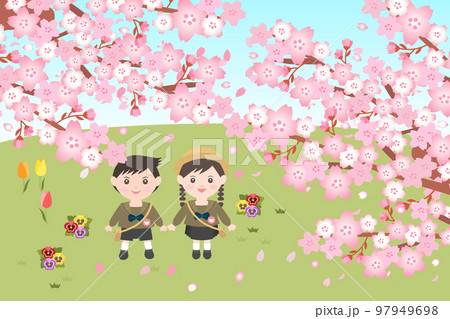 イラスト素材：かわいい桜の花と、それを見上げる男の子と女の子 97949698