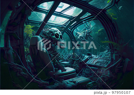 Crashed alien spaceship, astronaut in overgrown cabin, generative AI 97950107