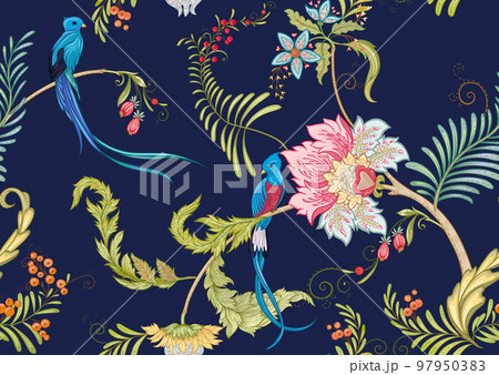 Fantasy flowers with bird of paradise quezal 97950383