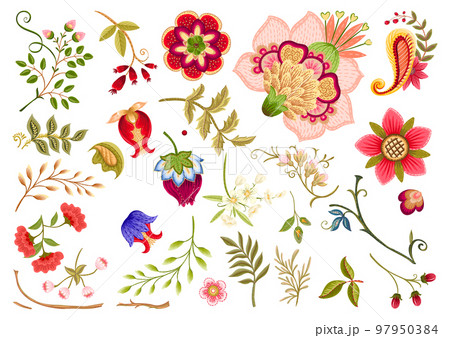 Fantasy flowers in retro, vintage, jacobean embroidery style.  97950384