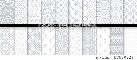 Geometric floral set of seamless patterns. White and gray vector backgrounds. Damask graphic ornaments Geometric floral set of seamless patterns. White and gray vector backgrounds. Damask graphic ornaments 97950823