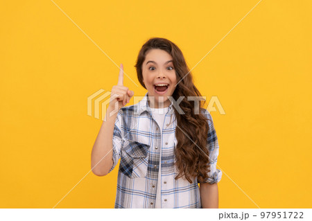 inspired teen child in checkered shirt with long curly hair on yellow background inspired teen child in checkered shirt with long curly hair on yellow background 97951722
