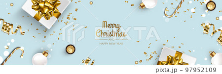 Christmas banner. Xmas background design with realistic christmas ball and golden confetti glitter. Christmas banner. Xmas background design with realistic christmas ball and golden confetti glitter. 97952109