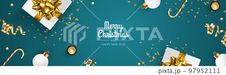 Christmas banner. Xmas background design with realistic christmas ball and golden confetti glitter. 97952111