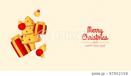 Merry Christmas and Happy New Year. Xmas Festive background with realistic 3d balls, gift and chrisrmas tree. Merry Christmas and Happy New Year. Xmas Festive background with realistic 3d balls, gift and chrisrmas tree. 97952159