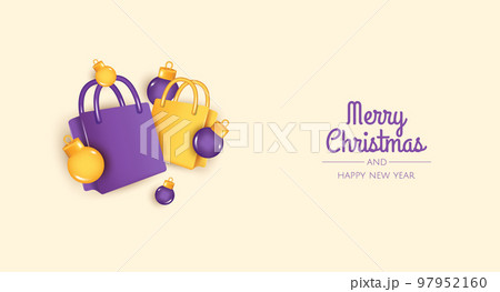 Happy New Year and Merry Christmas. Christmas holiday background with realistic 3d object, christmas balls, paper bags. Levitation falling design composition Happy New Year and Merry Christmas. Christmas holiday background with realistic 3d object, christmas balls, paper bags. Levitation falling design composition 97952160