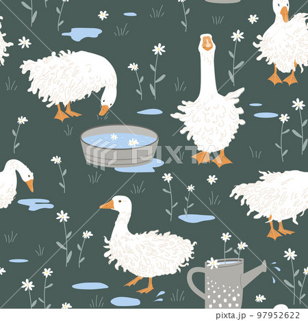 Cute seamless pattern with Sebastopol goose, doodle flowers, and paddles after the rain. Geese in the grass. Vector illustration on green background Cute seamless pattern with Sebastopol goose, doodle flowers, and paddles after the rain. Geese in the grass. Vector illustration on green background 97952622