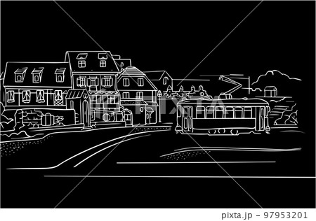 Vector illustration sketch old city street view with tram and buildings on black background 97953201