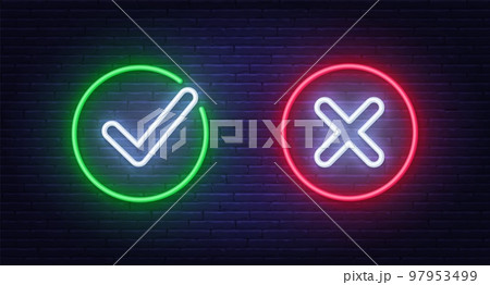 Cancel and Check mark neon sign ok, yes on brick wall background. Rejection and Approved neon symbol. 97953499