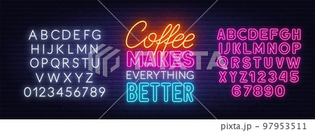 Coffee Makes Everything Better neon quote on brick wall background. Coffee Makes Everything Better neon quote on brick wall background. 97953511