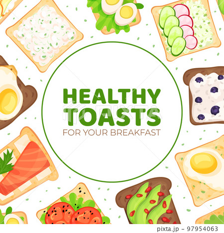 Healthy toasts banner. Sandwiches with different natural ingredients for breakfast menu, healthy nutritious eating for flyer, cover, advertising, poster cartoon vector 97954063