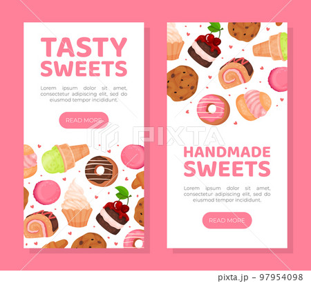 Tasty sweets mobile app templates set. Handmade sweets and desserts landing page, web banner cartoon vector Tasty sweets mobile app templates set. Handmade sweets and desserts landing page, web banner cartoon vector 97954098