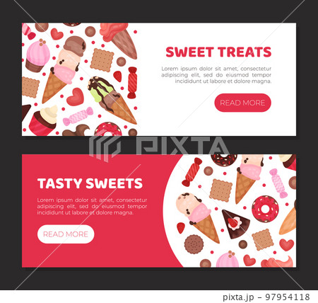 Sweet treats landing page templates set. Delicious sweets and desserts horizontal web banners cartoon vector Sweet treats landing page templates set. Delicious sweets and desserts horizontal web banners cartoon vector 97954118